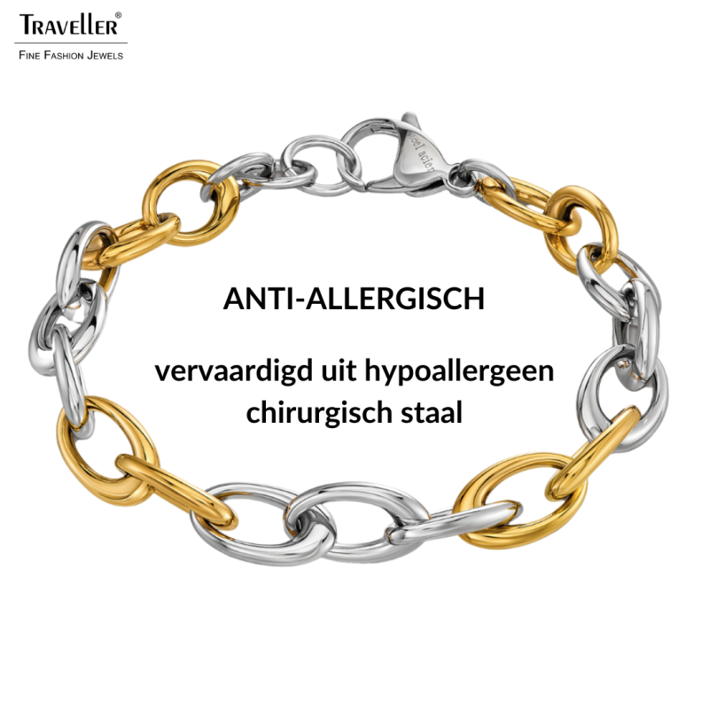 Traveller Armband Dames - Bicolor - Goud & Zilver- Ovale Schakels - Edelstaal & Verguld Edelstaal - 21 cm