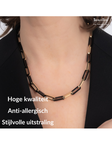 Traveller Dames Ketting - Bicolor - Goud & Zwart - Schakels - Edelstaal - Verguld - 47 cm - 181266
