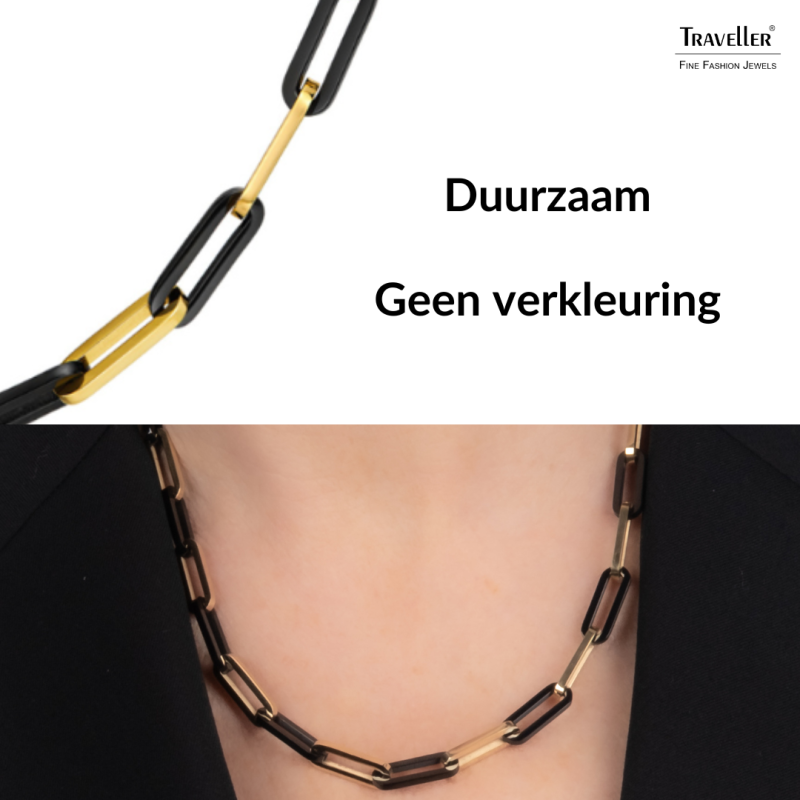 Traveller Ketting - Bicolor - Goud & Zwart - Schakels - Edelstaal - Verguld - 47 cm - 181266