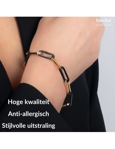 Traveller Armband Dames - Bicolor - Goud & Zwart - Schakels - Edelstaal - Verguld - 21 cm