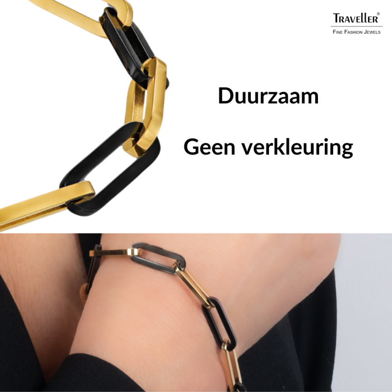 Traveller Armband Dames - Bicolor - Goud & Zwart - Schakels - Edelstaal - Verguld - 21 cm - 181267