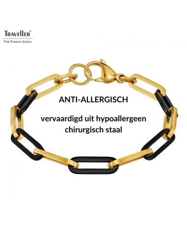 Traveller Armband Dames - Bicolor - Goud & Zwart - Schakels - Edelstaal - Verguld - 21 cm - 181267
