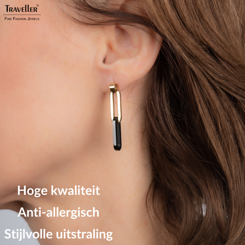 Traveller Oorhangers - Bicolor - Goud & Zwart - Schakels - Edelstaal - Verguld - 40 mm
