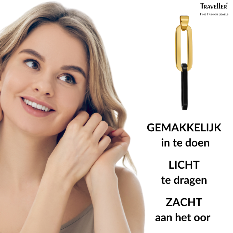 Traveller Oorhangers - Bicolor - Goud & Zwart - Schakels - Edelstaal - Verguld - 40 mm - 181268