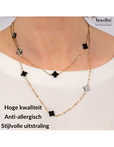 Traveller Ketting - Goud - Plus / Bloem - 1 x 1 cm - Zwart - Edelstaal - 90 cm - Verguld - 181269