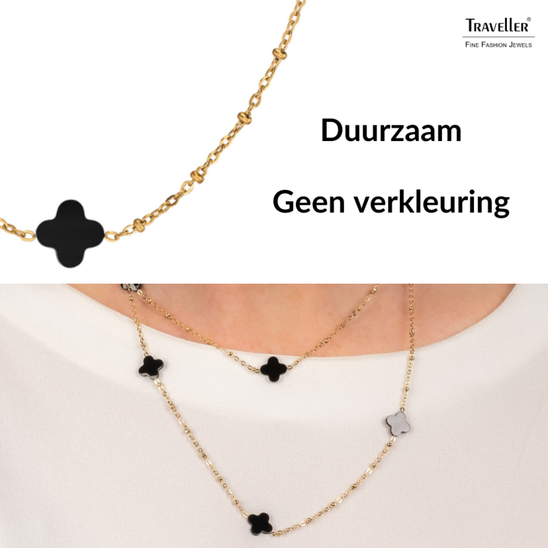 Traveller Ketting - Goud - Plus / Bloem - 1 x 1 cm - Zwart - Edelstaal - 90 cm - Verguld - 181269