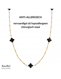 Traveller Dames Ketting - Edelstaal - Verguld - Zwart - Bloem - 10mm - 90 cm