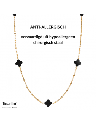 Traveller Dames Ketting - Goud - Plus / Bloem - 1 x 1 cm - Zwart - Edelstaal - 90 cm - Verguld - 181269