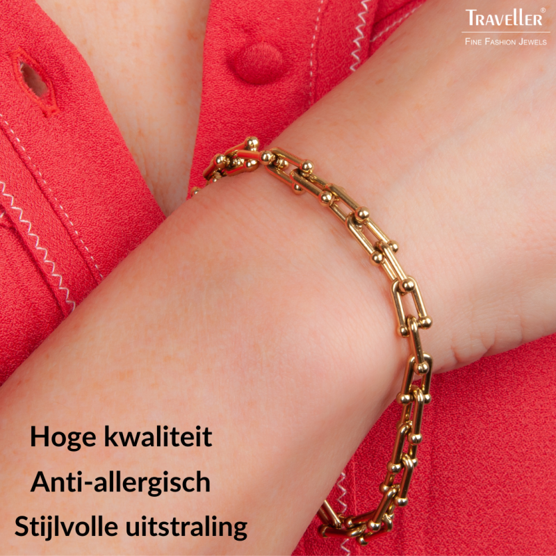 Traveller Armband - Goud - Schakels - Edelstaal - Verguld - 21 cm - 181271