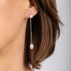 Traveller Drop Earrings - Silver Coloured - Freshwater Pearls - White - 6 and 10x6 mm - Stainless Steel - 181276