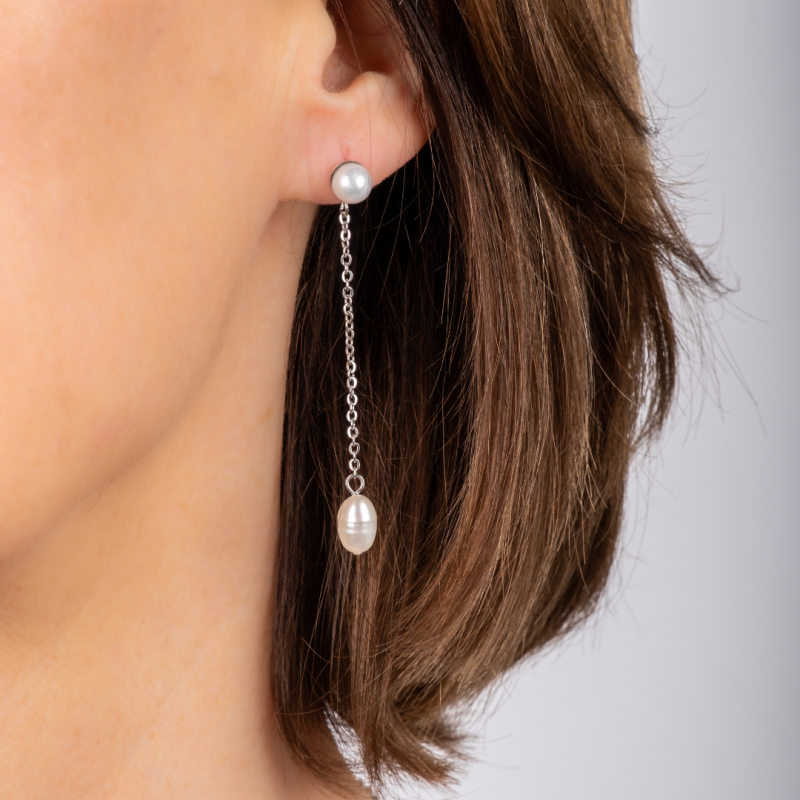 Traveller Drop Earrings - Silver Coloured - Freshwater Pearls - White - 6 and 10x6 mm - Stainless Steel - 181276
