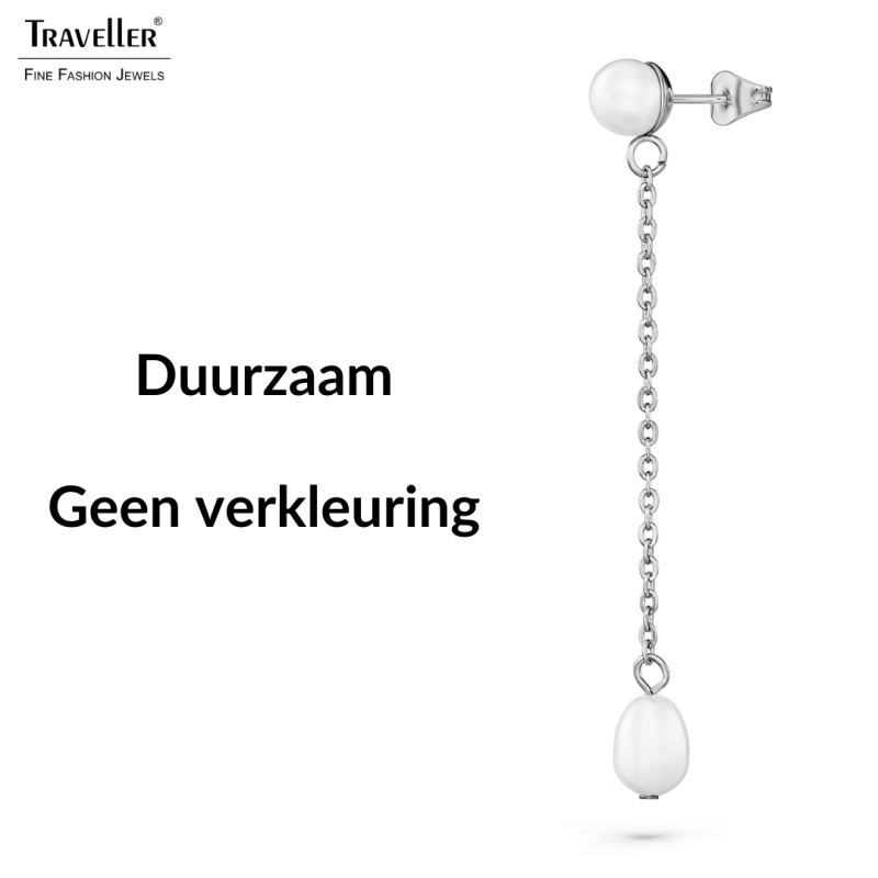 Traveller Oorhangers - Zilverkleurig - Zoetwater Parels - Wit - 6 en 10x6 mm - Edelstaal