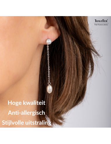 Traveller Oorhangers - Zilverkleurig - Zoetwater Parels - Wit - 6 en 10x6 mm - Edelstaal