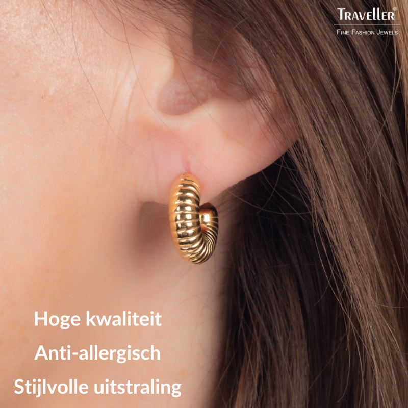 Traveller Oorringen - Verguld - 3/4 Ring - Geribd - Edelstaal - 18 x 6 mm