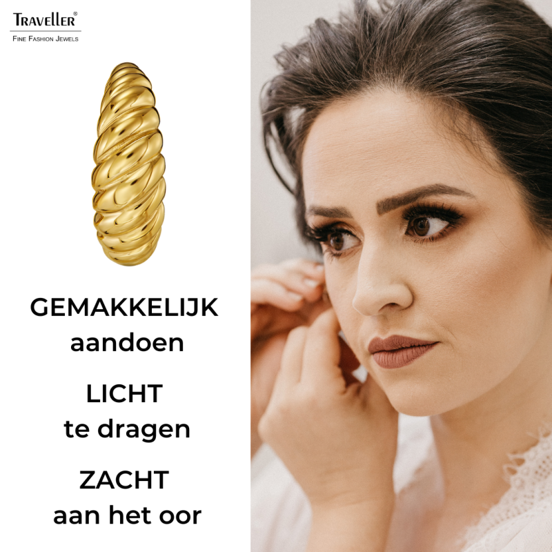 Traveller Oorringen - Verguld - 2/3 Ring - Geribd - Edelstaal - 21 x 7 mm