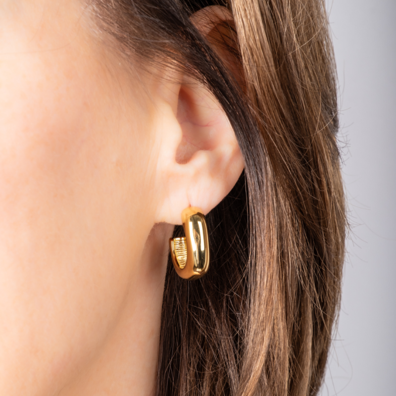 Traveller Earrings - Hoop Earrings - Gold Plated - 2/3 Hoop - Rounded Square - Stainless Steel - 22 x 6 mm