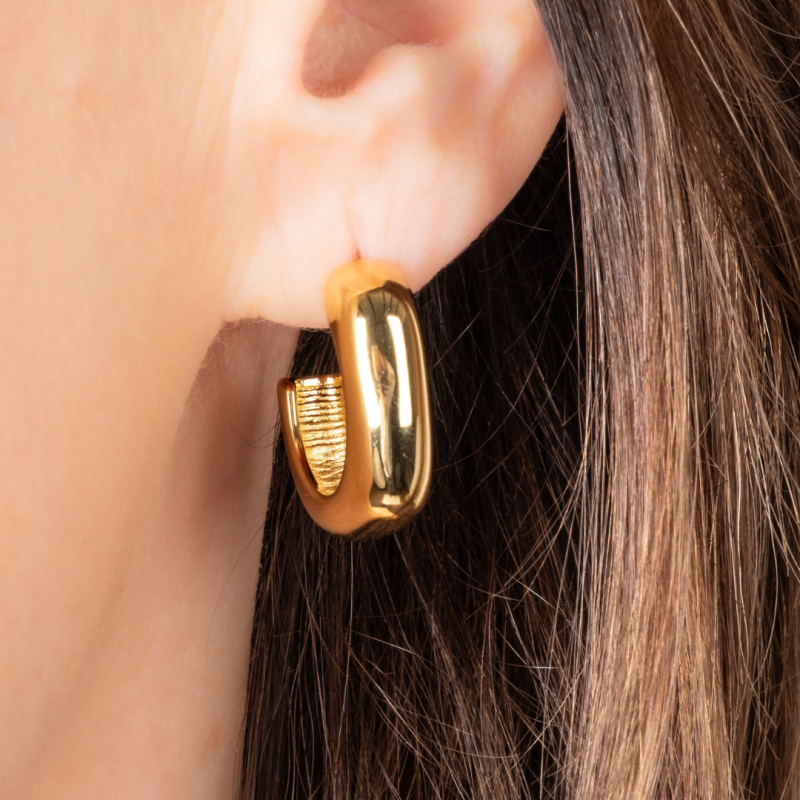 Traveller Earrings - Hoop Earrings - Gold Plated - 2/3 Hoop - Rounded Square - Stainless Steel - 22 x 6 mm