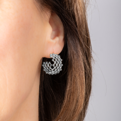 Traveller Earrings - Silver Coloured - 2/3 Hoop - Grid - Stainless Steel - 20 x 12 mm