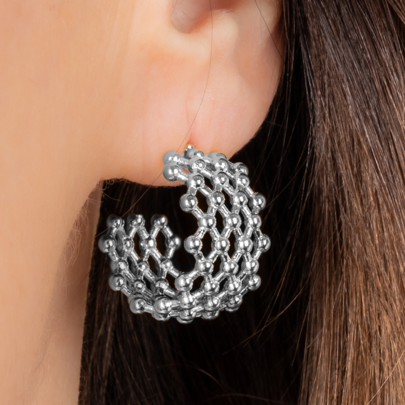 Traveller Earrings - Silver Coloured - 2/3 Hoop - Grid - Stainless Steel - 20 x 12 mm - 181289