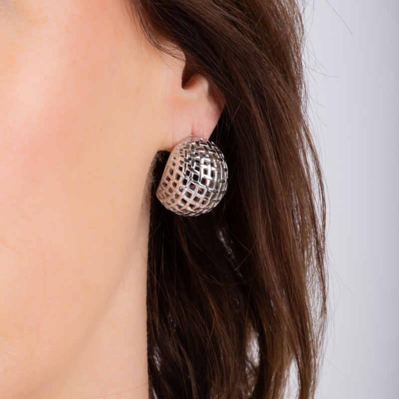 Traveller Earrings - Silver Coloured - Rounded Grid - Stainless Steel - 23 x 20 mm