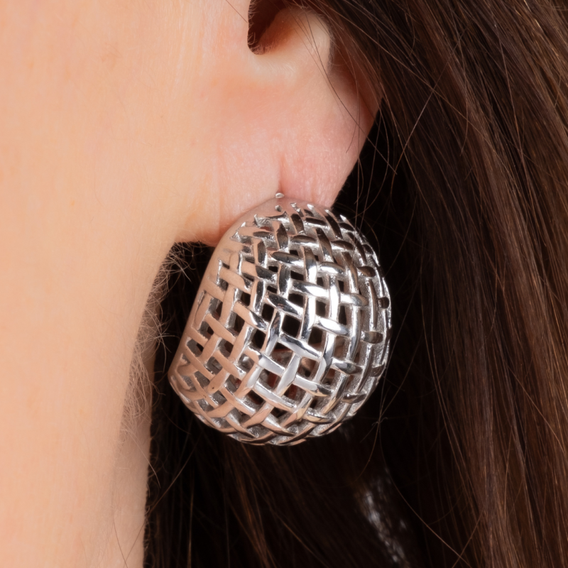 Traveller Earrings - Silver Coloured - Rounded Grid - Stainless Steel - 23 x 20 mm - 181291