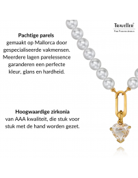 Traveller Dames Parelketting met Hanger - Parels - 8 mm - Wit - Kristal - 12 mm - Hart - 45 cm - Verguld - 114312