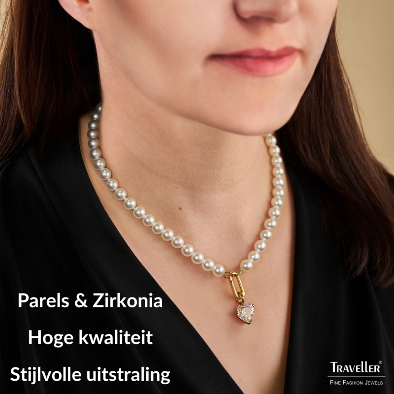 Traveller Parelketting met Hanger - Dames - Parels - 8 mm - Wit - Kristal - 12 mm - Hart - 45 cm - Verguld - 114312