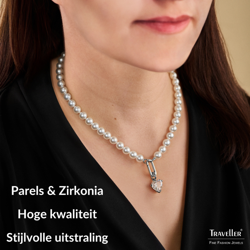 Traveller Dames Parelketting met Hanger - Parels - 8 mm - Wit - Kristal - Hart - 45 cm - Geplatineerd - 114314