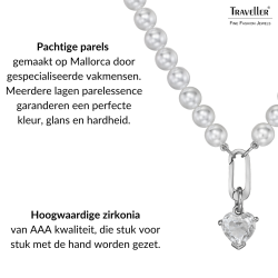 Traveller Dames Parelketting met Hanger - Parels - 8 mm - Wit - Kristal - Hart - 45 cm - Geplatineerd