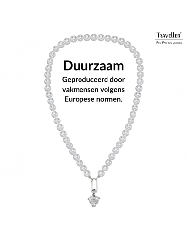 Traveller Dames Parelketting met Hanger - Parels - 8 mm - Wit - Kristal - Hart - 45 cm - Geplatineerd