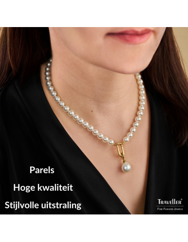 Traveller Parelketting met Hanger - Dames - Parels - 8 mm - Wit - Parel - 12x14 mm - Ovaal - 45 cm - Verguld - 114316
