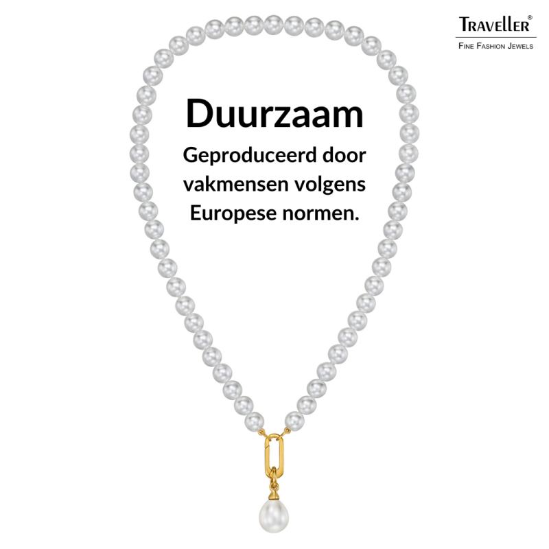 Traveller Dames Parelketting met Hanger - Parels - 8 mm - Wit - Parel - 12x14 mm - Ovaal - 45 cm - Verguld