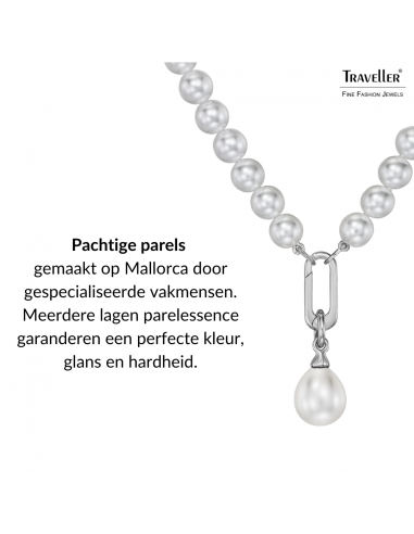 Traveller Dames Parelketting met Hanger - Parels - 8 mm - Wit - Parel - 12x14 mm - Ovaal - 45 cm - Geplatineerd