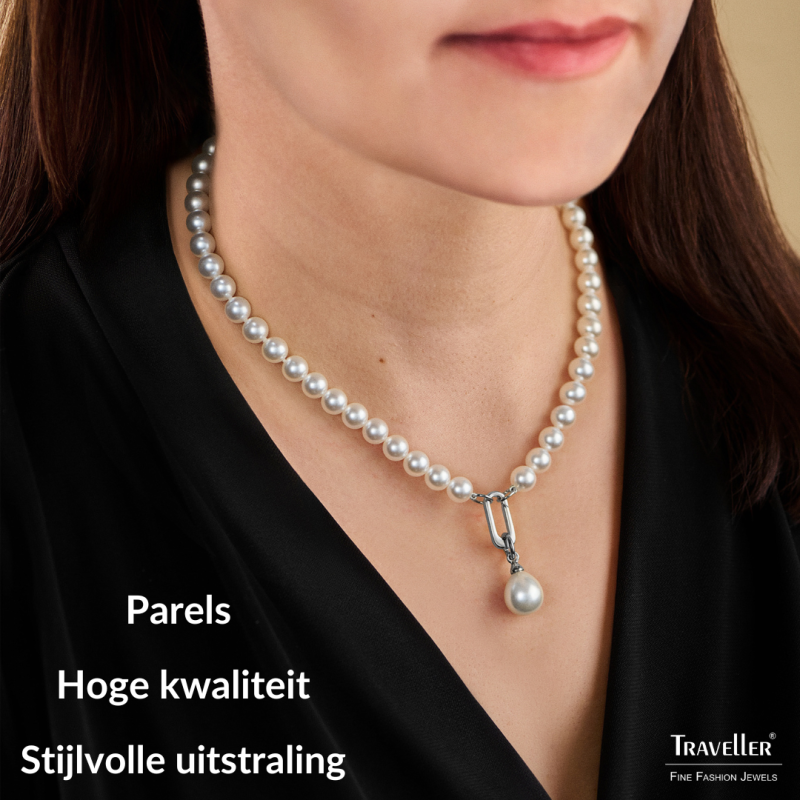 Traveller Dames Parelketting met Hanger - Parels - 8 mm - Wit - Parel - 12x14 mm - Ovaal - 45 cm - Geplatineerd