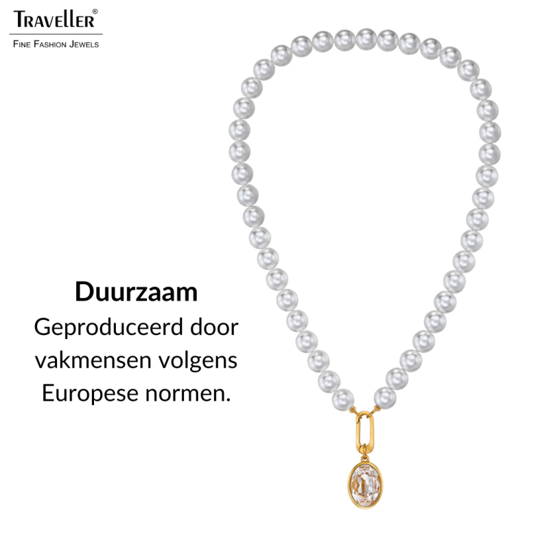Traveller Parelketting met Hanger - Parels - 10mm - Wit - Kristal - Ovaal - 45 cm - Verguld - 114320