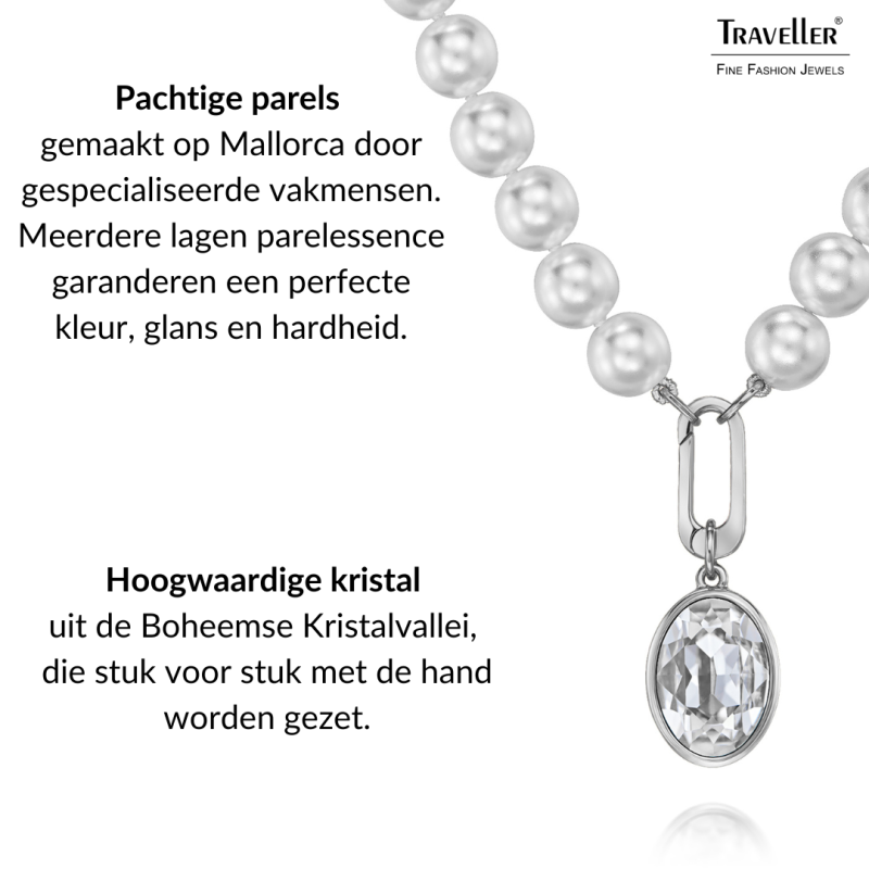 Traveller Parelketting met Hanger - Dames - Parels - 10mm - Wit - Kristal - Ovaal - 45 cm - Geplatineerd - 114322