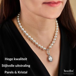 Traveller Parelketting met Hanger - Dames - Parels - 10mm - Wit - Kristal - Ovaal - 45 cm - Geplatineerd - 114322
