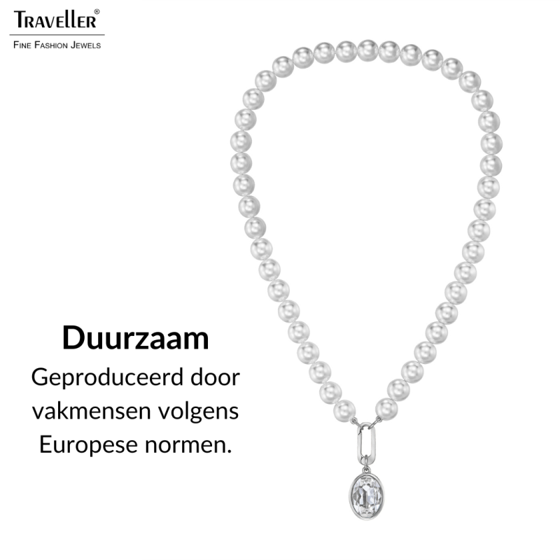 Traveller Dames Parelketting met Hanger - Parels - 10mm - Wit - Kristal - Ovaal - 45 cm - Geplatineerd - 114322