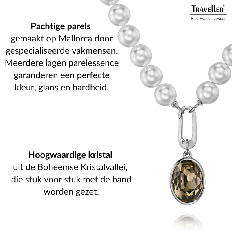 Traveller Dames Parelketting met Hanger - Parels - 10mm - Wit - Kristal - Grijs / Zwart - Ovaal - 45cm - Geplatineerd - 114324