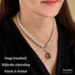 Traveller Dames Parelketting met Hanger - Parels - 10mm - Wit - Kristal - Grijs / Zwart - Ovaal - 45cm - Geplatineerd - 114324