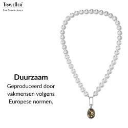 Traveller Dames Parelketting met Hanger - Parels - 10mm - Wit - Kristal - Grijs / Zwart - Ovaal - 45cm - Geplatineerd - 114324