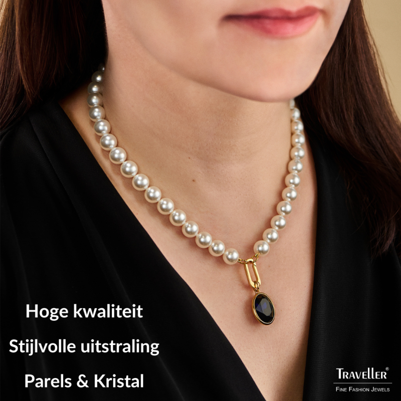 Traveller Dames Parelketting met Hanger - Parels - 10mm - Wit - Kristal - Donker Blauw - Ovaal - 45cm - Verguld