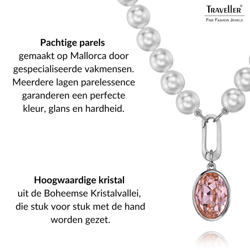 Traveller Dames Parelketting met Hanger - Parels - 10mm - Wit - Kristal - Roze - Ovaal - 45cm - Geplatineerd - 114328
