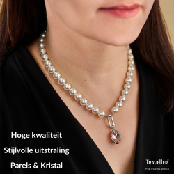 Traveller Dames Parelketting met Hanger - Parels - 10mm - Wit - Kristal - Roze - Ovaal - 45cm - Geplatineerd - 114328