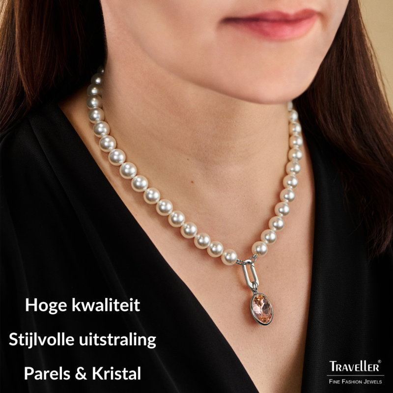 Traveller Dames Parelketting met Hanger - Parels - 10mm - Wit - Kristal - Roze - Ovaal - 45cm - Geplatineerd - 114328