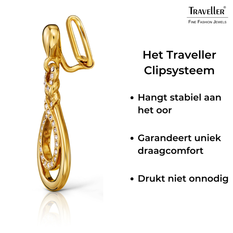 Traveller Clip Oorbellen - Hangers - 22kt Verguld - Kristallen - Design - 35x15 mm