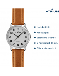 ATRIUM Horloge - Dames - Zilverkleurig - Analoog - Licht Bruin Leren Bandje - Duidelijk Wit Wijzerblad - 27 mm