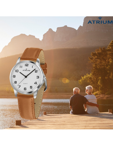 ATRIUM Watch - Ladies - Analogue - Silver Coloured - Light Brown Leather Strap - Clear Dial - 27 mm - A37-17