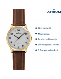 ATRIUM Horloge - Dames - Goudkleurig - Analoog - Bruin Leren Bandje - Duidelijk Wit Wijzerblad - 27 mm