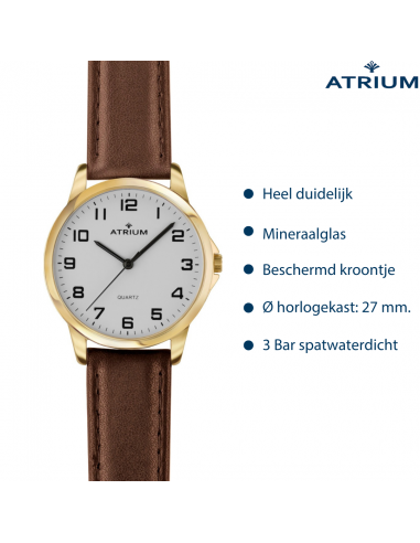 ATRIUM Horloge - Dames - Goudkleurig - Analoog - Bruin Leren Bandje - Duidelijk Wit Wijzerblad - 27 mm